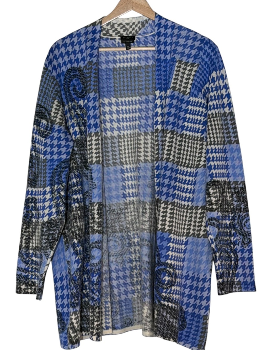 Talbots 100% Merino Wool Houndstooth Plaid Open Front Cardigan Size 2X Blue Gray